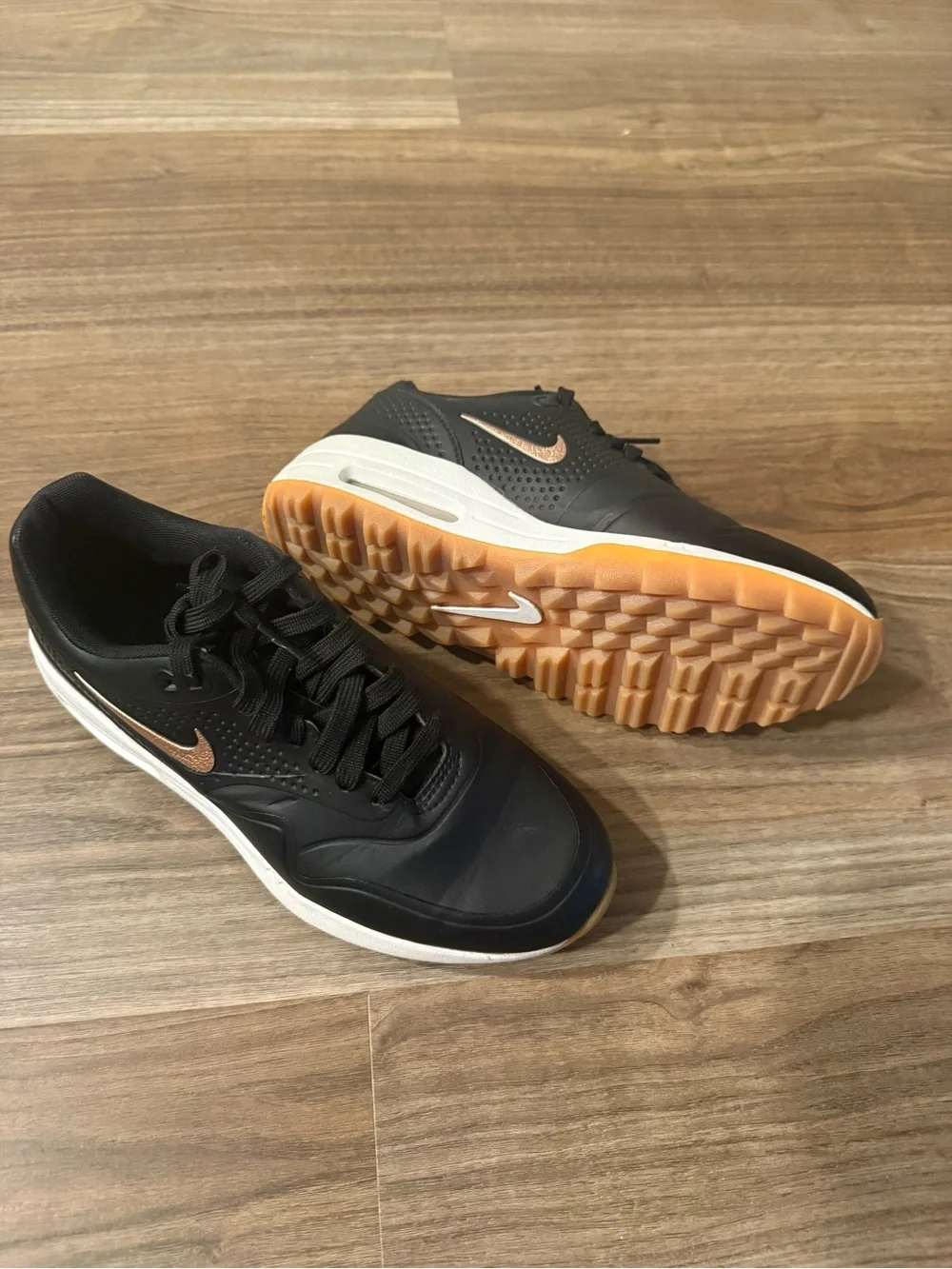 Nike Air Max 1 G Spikeless Golf Shoes Black Metallic Rose Gold / Bronze Gum Sole